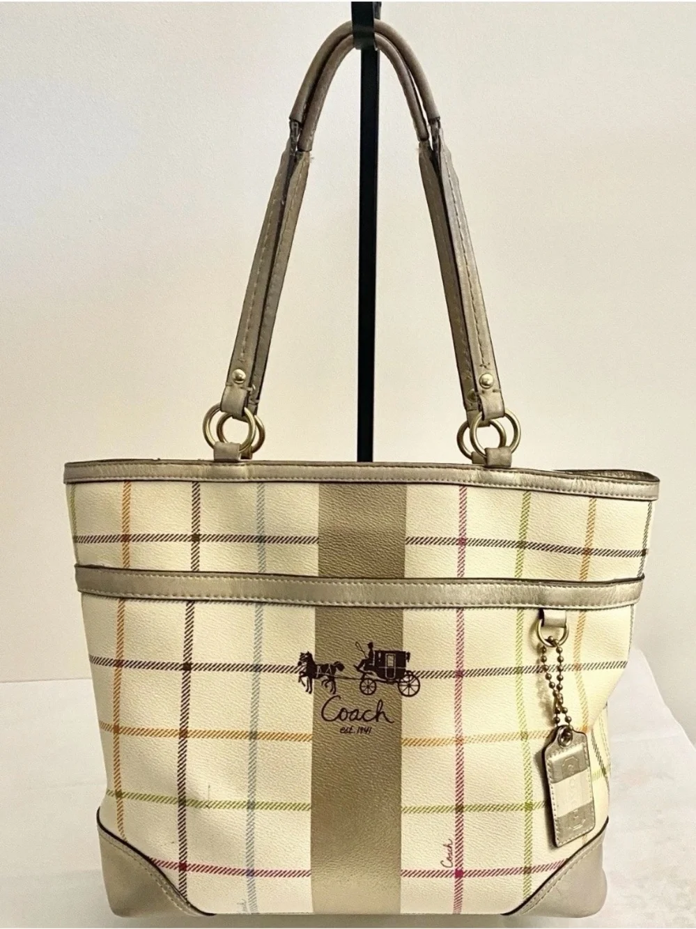 COACH Heritage Plaid Tote Bag Shoulder Purse Gold Trim 13033